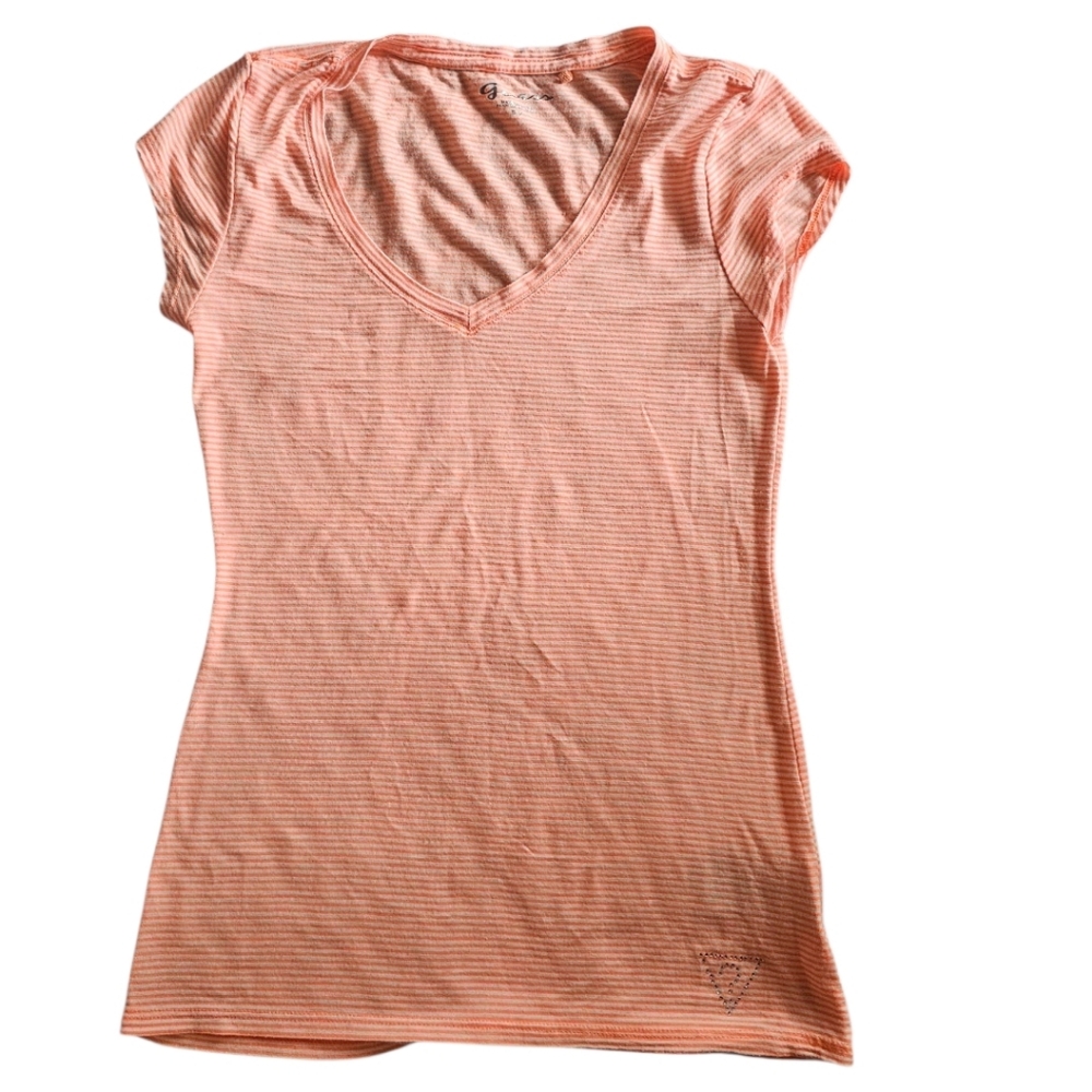 Guess Peach Striped V-Neck Tee Size Small